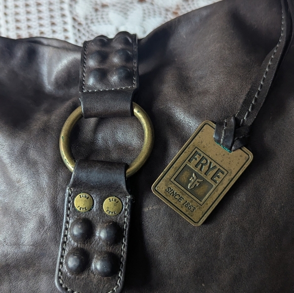 FRYE Dark Brown Leather Hobo Bag with Brass Accents - Picture 3 of 6